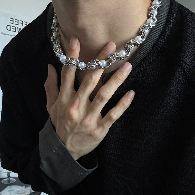 European and American pearl wrapped collarbone chain, male niche design, high-end titanium steel necklace, choker necklace, neck accessories 01 ONE SIZE