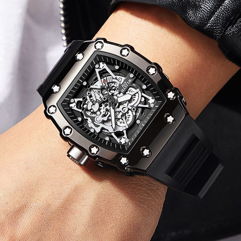 Swiss brand foreign trade men's watch barrel shaped hollow large dial luminous men's watch AliExpress hot sale Black one size