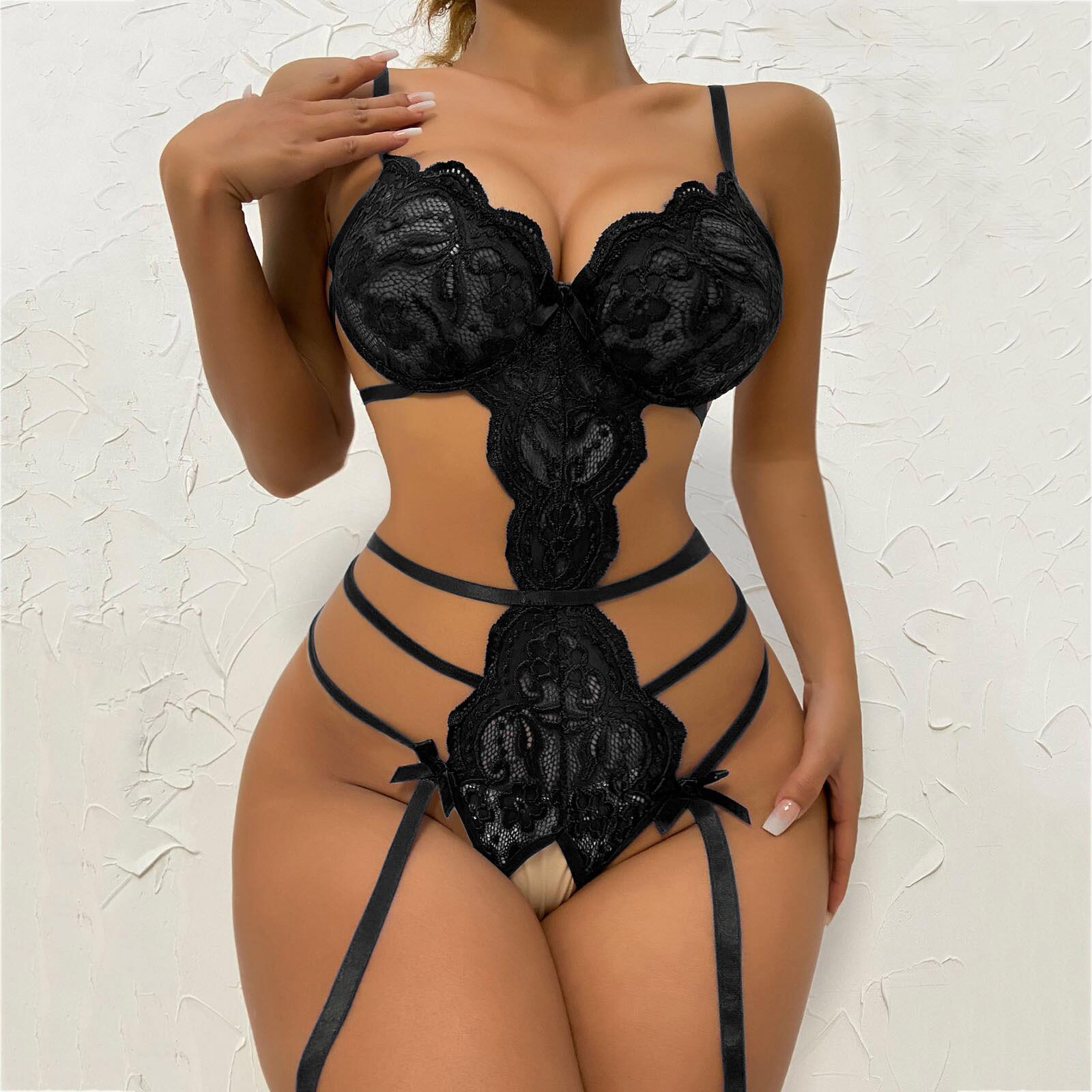 Women's Pajamas Lingerie European American Women's One-Piece Net Clothes Fun Net Lady Clothes Girls Silk Stockings Short Sleeved Underwear Black S
