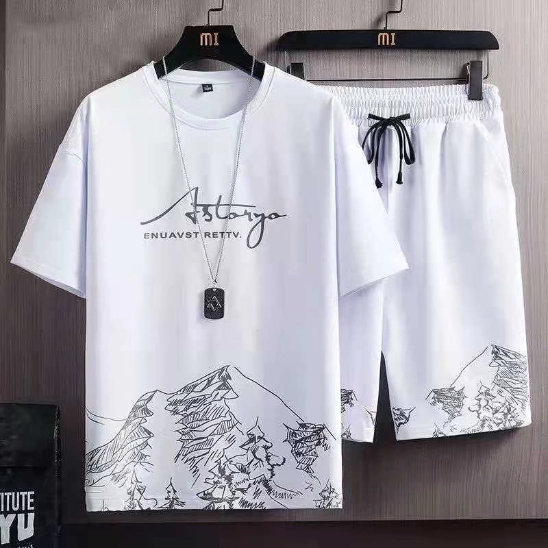 2 PCS 2 in 1 Men Clothes T-Shirts tshirts Shorts Polos Men Suits Fashion Summer Print Round Neck Short Sleeve Shorts T-Shirt Sets White M