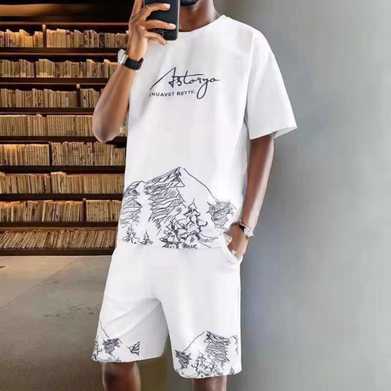 2 PCS 2 in 1 Men Clothes T-Shirts tshirts Shorts Polos Men Suits Fashion Summer Print Round Neck Short Sleeve Shorts T-Shirt Sets White M