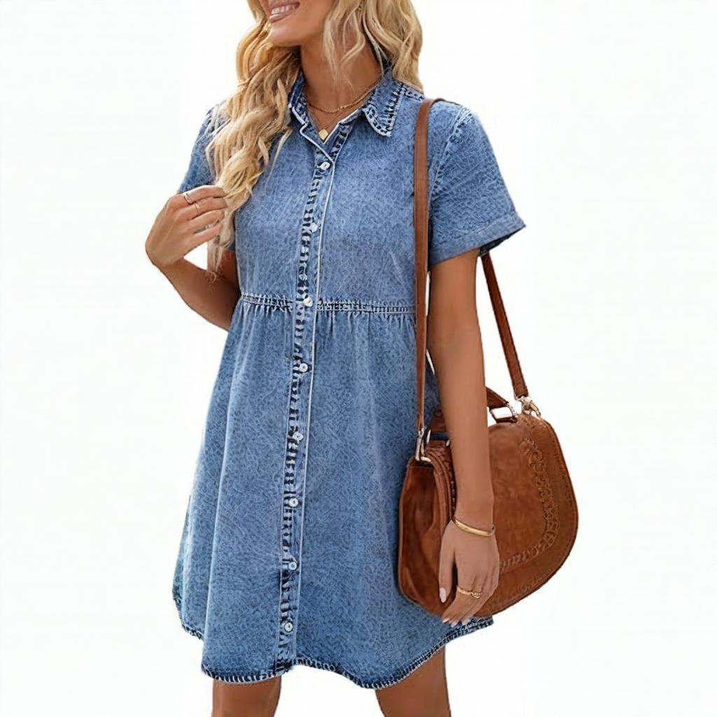 Summer new women's lapel short sleeved slim fit dress, single breasted denim skirt, short skirt blue S