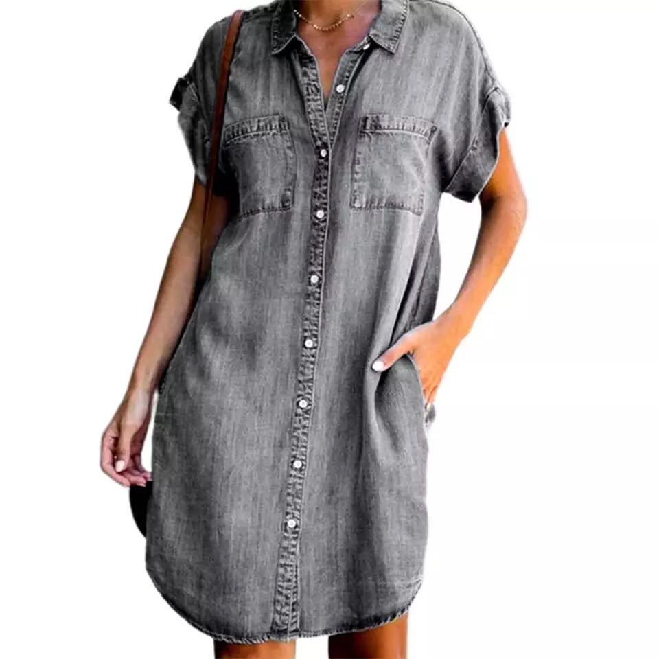 Summer new women's lapel short sleeved slim fit dress, single breasted denim skirt, short skirt blue S