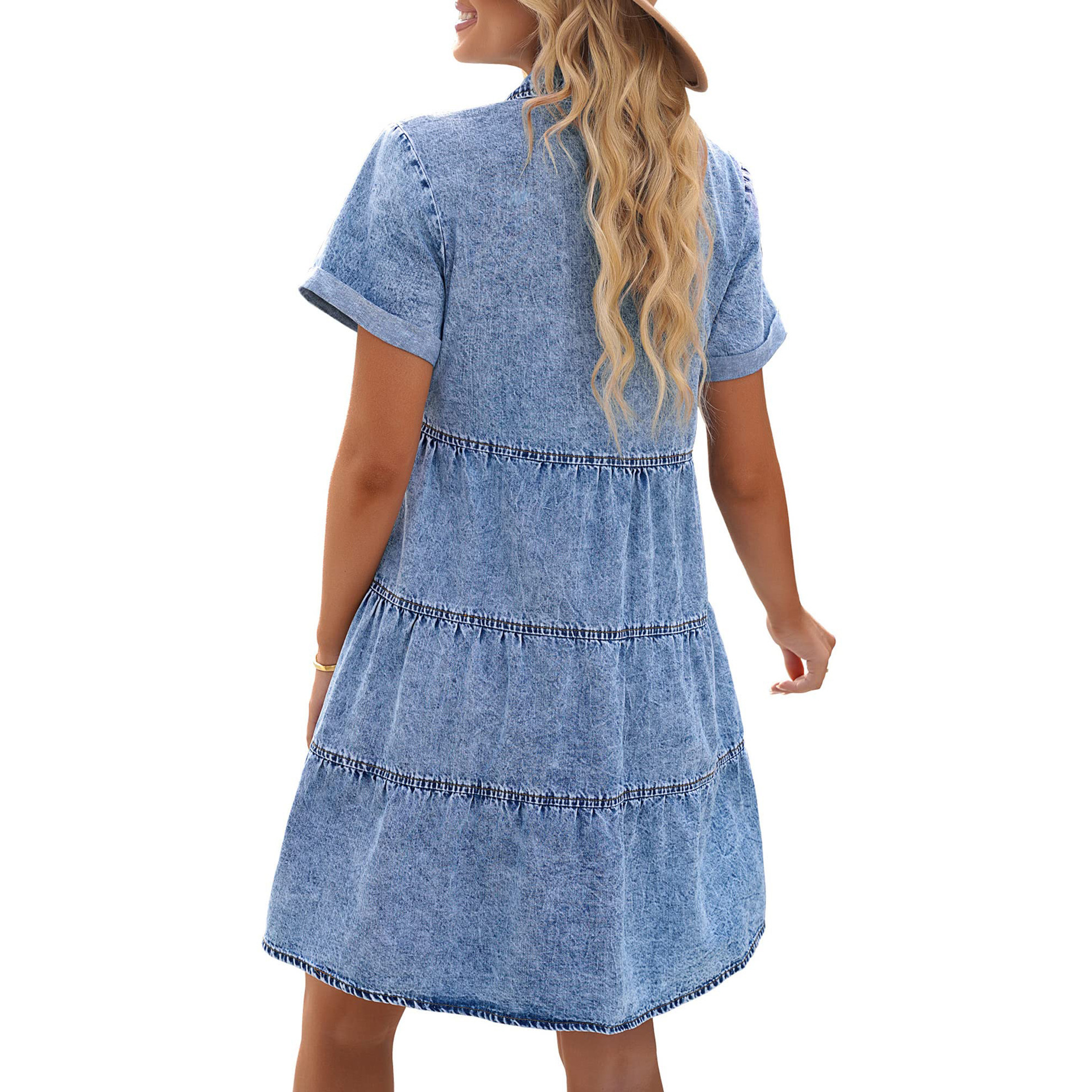 Summer new women's lapel short sleeved slim fit dress, single breasted denim skirt, short skirt blue S