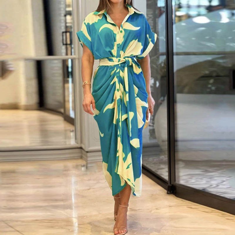 Printed Neck Short Sleeve High Waist Long Shirt Dress Casual Lace up Dress Green Floral Print L