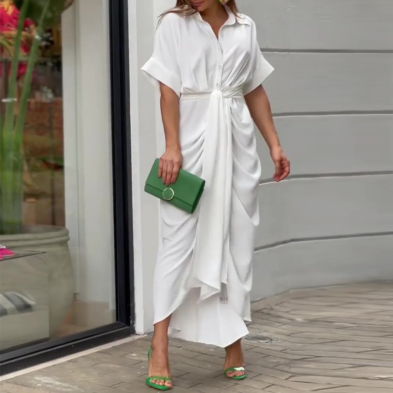 Printed Neck Short Sleeve High Waist Long Shirt Dress Casual Lace up Dress Green Floral Print L