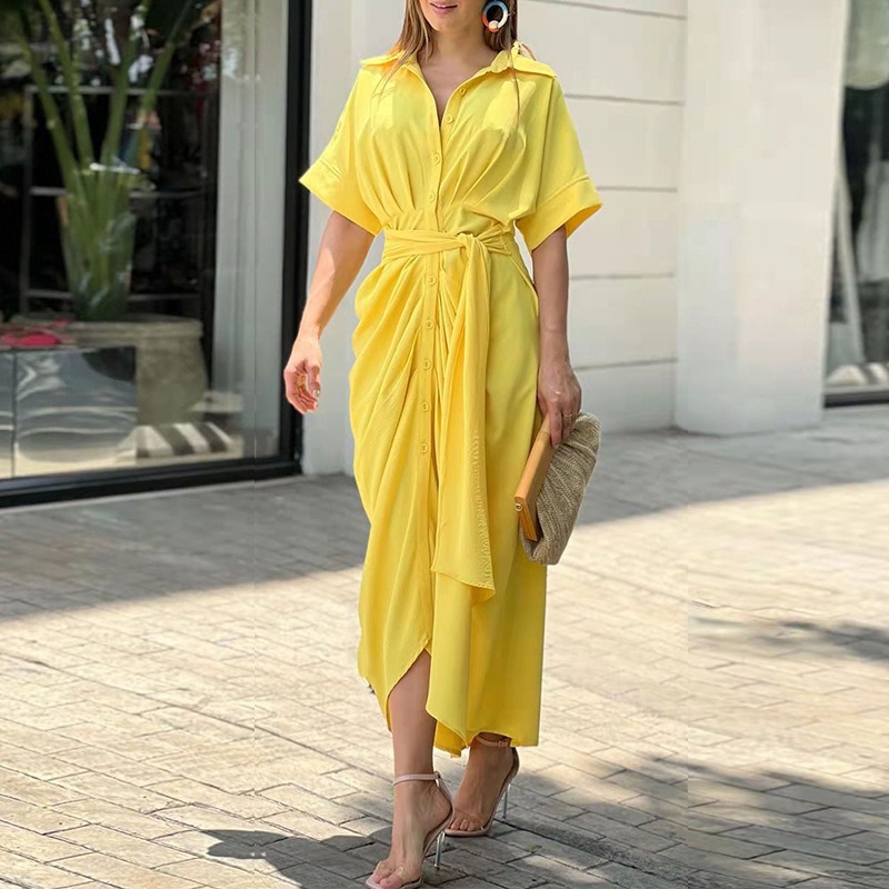 Printed Neck Short Sleeve High Waist Long Shirt Dress Casual Lace up Dress Green Floral Print L