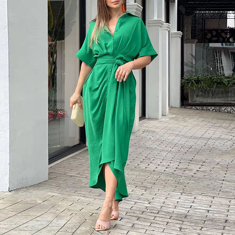 Printed Neck Short Sleeve High Waist Long Shirt Dress Casual Lace up Dress Green Floral Print L