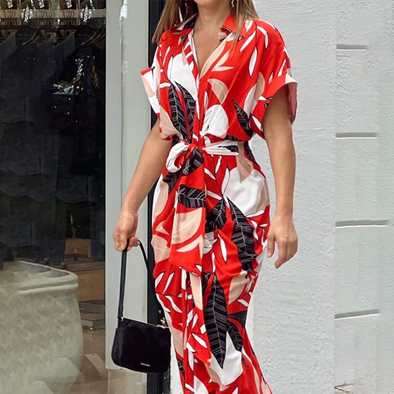 Printed Neck Short Sleeve High Waist Long Shirt Dress Casual Lace up Dress Green Floral Print L