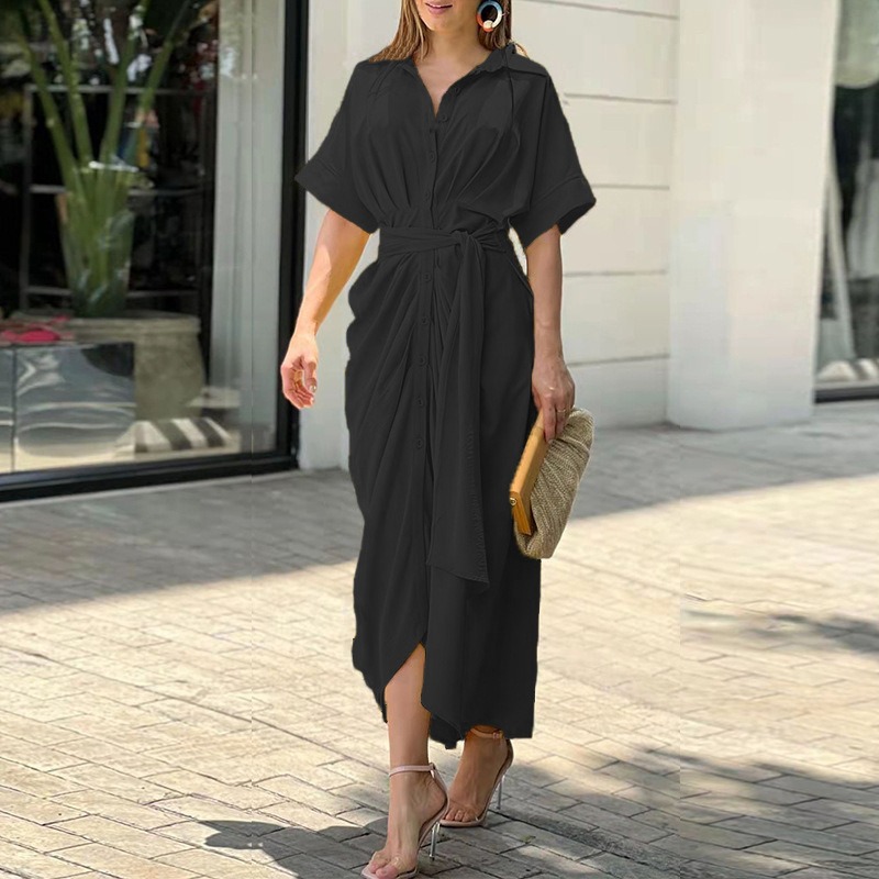 Printed Neck Short Sleeve High Waist Long Shirt Dress Casual Lace up Dress Green Floral Print L