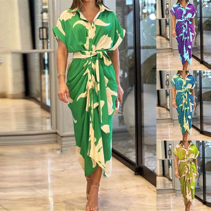 Printed Neck Short Sleeve High Waist Long Shirt Dress Casual Lace up Dress Green Floral Print L