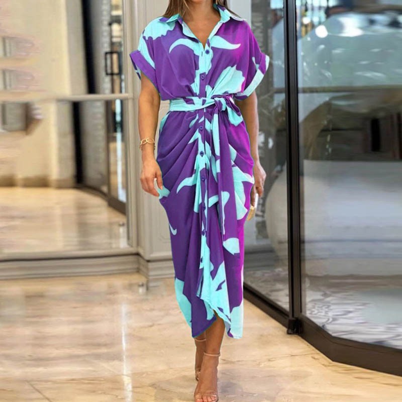 Printed Neck Short Sleeve High Waist Long Shirt Dress Casual Lace up Dress Green Floral Print L