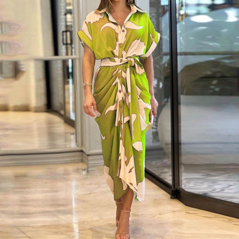 Printed Neck Short Sleeve High Waist Long Shirt Dress Casual Lace up Dress Green Floral Print L