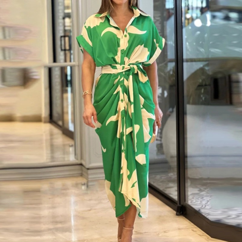 Printed Neck Short Sleeve High Waist Long Shirt Dress Casual Lace up Dress Green Floral Print L