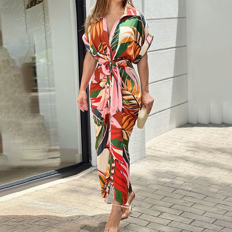 Printed Neck Short Sleeve High Waist Long Shirt Dress Casual Lace up Dress Green Floral Print L