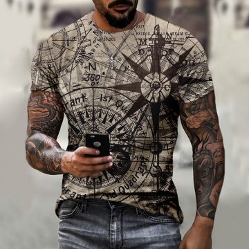 Trendy Compass 3D Digital Pattern Print Men's Graphic T-shirt, Causal Comfy Tees, Short Sleeve Pullover Tops, Men's Summer Outdoor Clothing 01 S
