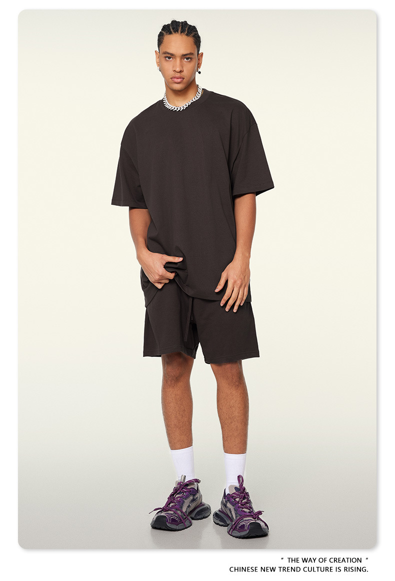 BE Men's 2025 Trendy Brand Heavy Solid Color Short Sleeve Shirt T Summer Small Neckline Men's Loose Short Sleeve Suit Men 01 S