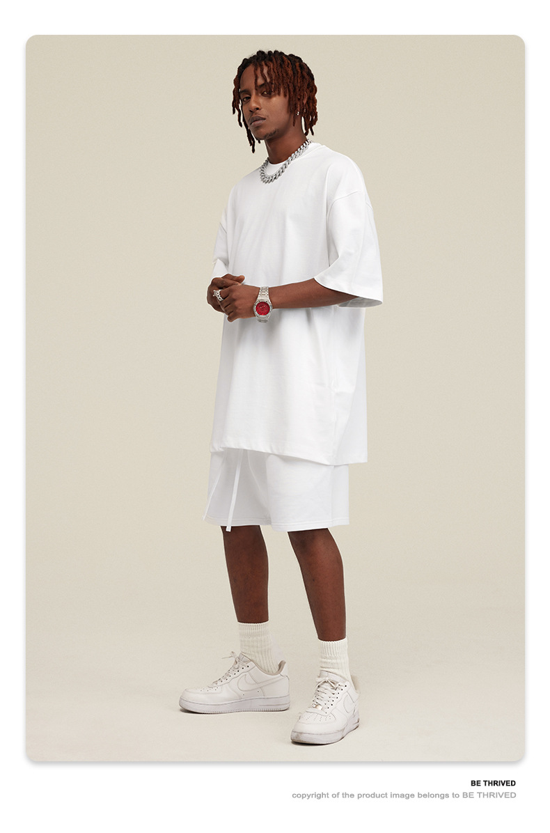 BE Men's 2025 Trendy Brand Heavy Solid Color Short Sleeve Shirt T Summer Small Neckline Men's Loose Short Sleeve Suit Men 01 S