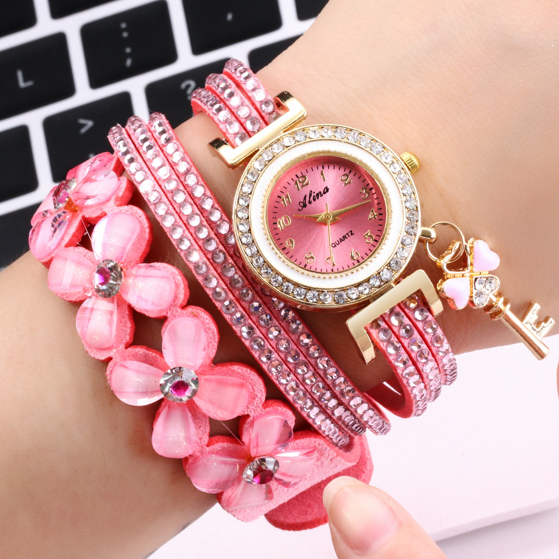 New Amazon AliExpress hot selling watch with 3-turn rhinestone long strap and fashionable decoration for women's watches white As Picture