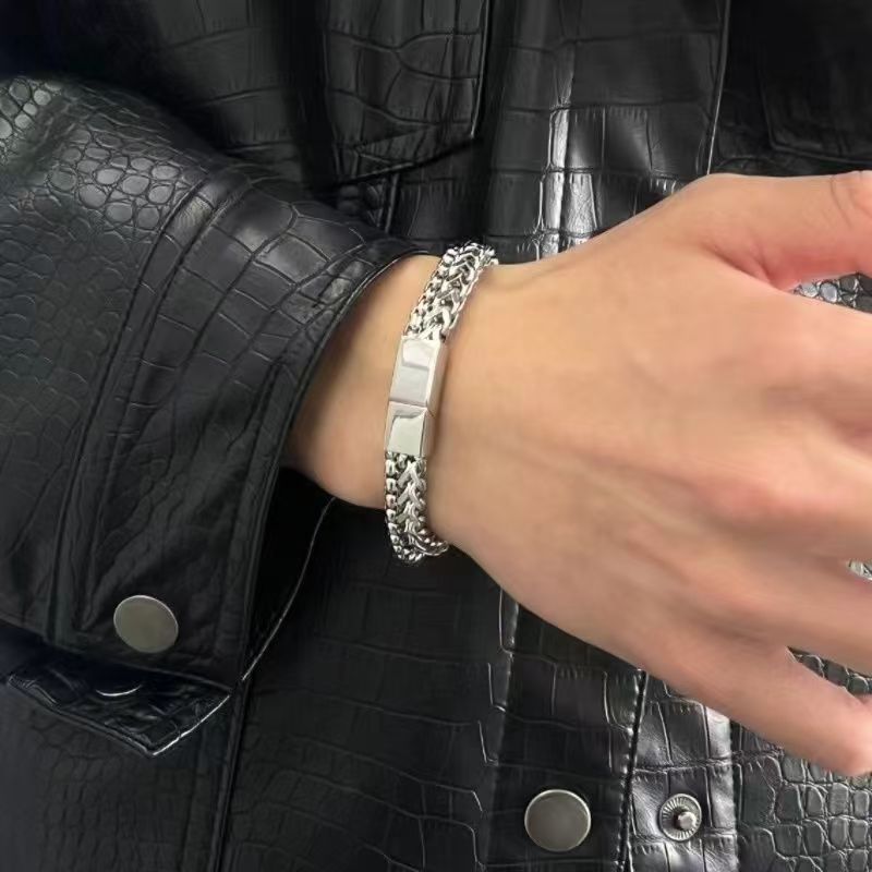 Chain Bracelet for Men -  Stainless Steel Cuban Link Bracelet Set  8.27inch - Gifts for Dad, Husband, Boyfriend silvery as picture