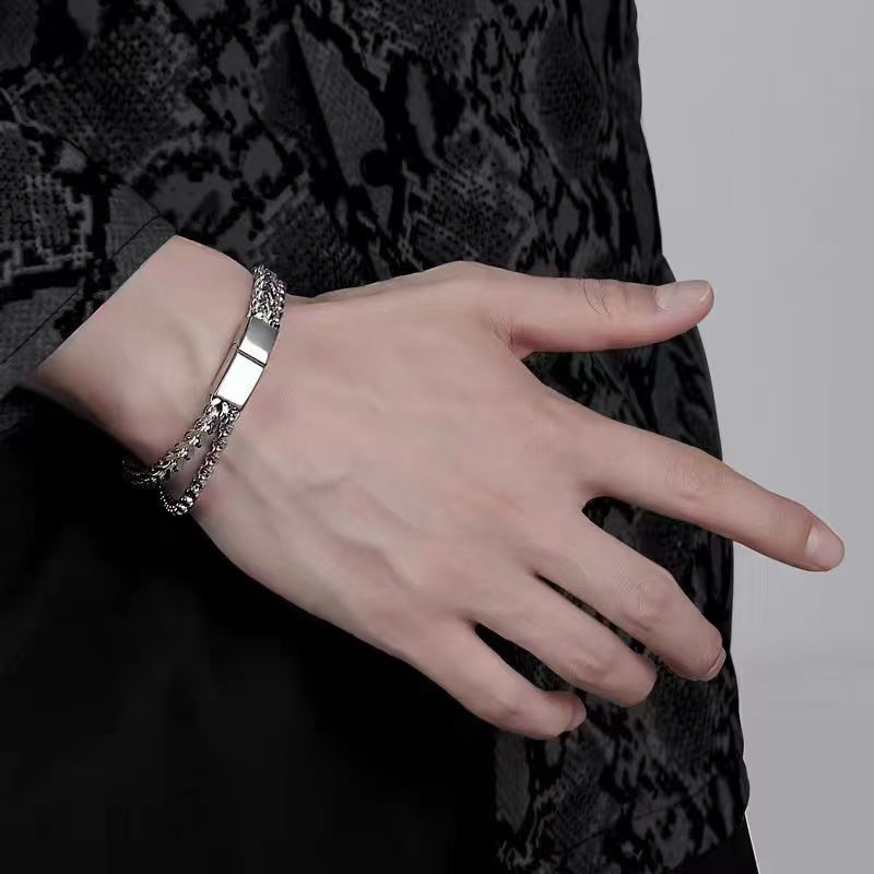 Chain Bracelet for Men -  Stainless Steel Cuban Link Bracelet Set  8.27inch - Gifts for Dad, Husband, Boyfriend silvery as picture