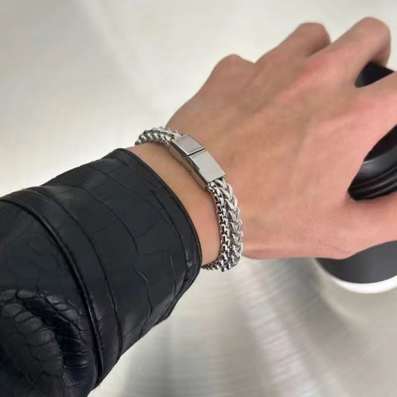 Chain Bracelet for Men -  Stainless Steel Cuban Link Bracelet Set  8.27inch - Gifts for Dad, Husband, Boyfriend silvery as picture