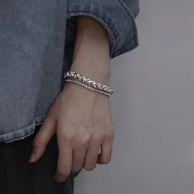 Chain Bracelet for Men -  Stainless Steel Cuban Link Bracelet Set  8.27inch - Gifts for Dad, Husband, Boyfriend silvery as picture