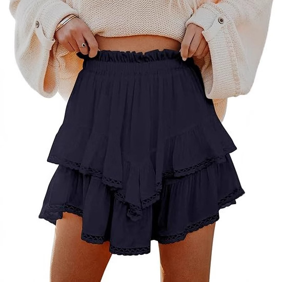 Women's flowing shorts, casual bohemian-style pleated layered skirt, high-waisted mini skirt, golf tennis crochet shorts. White L