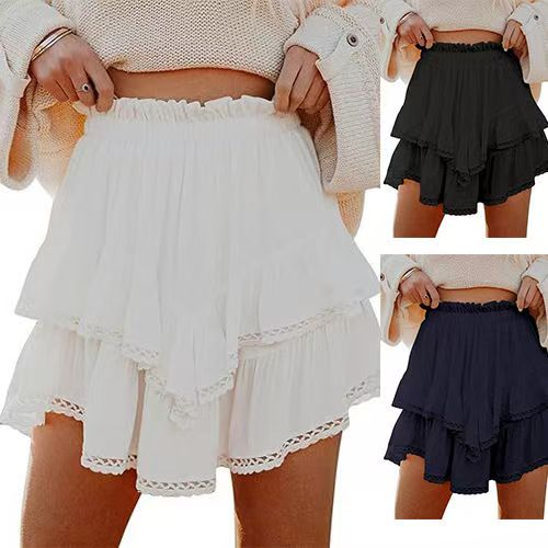 Women's flowing shorts, casual bohemian-style pleated layered skirt, high-waisted mini skirt, golf tennis crochet shorts. White L