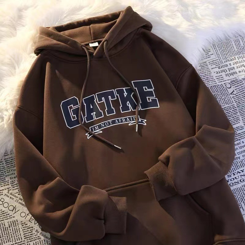 American heavyweight hooded sweatshirt for men in autumn and winter, with thick velvet and loose oversized, suitable for couples' casual sports jacket brown M