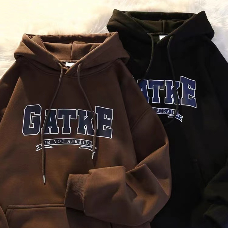 American heavyweight hooded sweatshirt for men in autumn and winter, with thick velvet and loose oversized, suitable for couples' casual sports jacket brown M