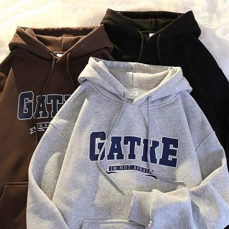 American heavyweight hooded sweatshirt for men in autumn and winter, with thick velvet and loose oversized, suitable for couples' casual sports jacket brown M