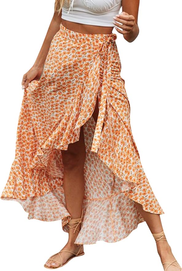 BerryGo Women's Boho Floral Wrap Maxi Skirt High Waisted Long Skirt with Slit blue L