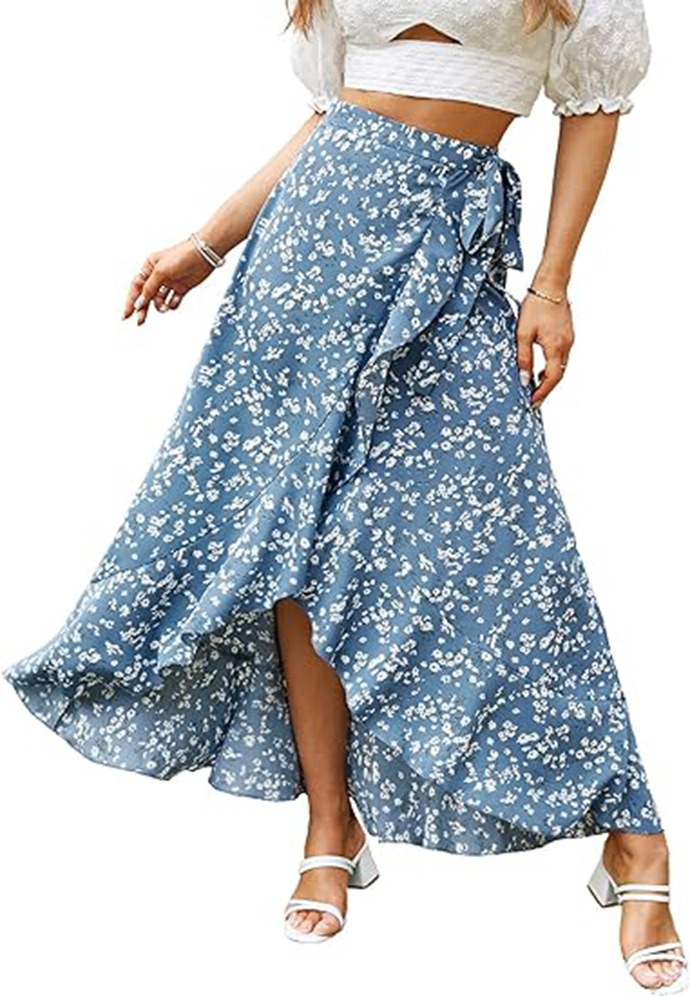BerryGo Women's Boho Floral Wrap Maxi Skirt High Waisted Long Skirt with Slit blue L