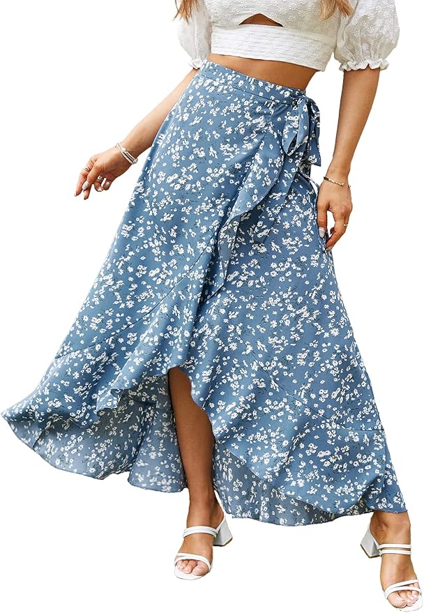 BerryGo Women's Boho Floral Wrap Maxi Skirt High Waisted Long Skirt with Slit blue L
