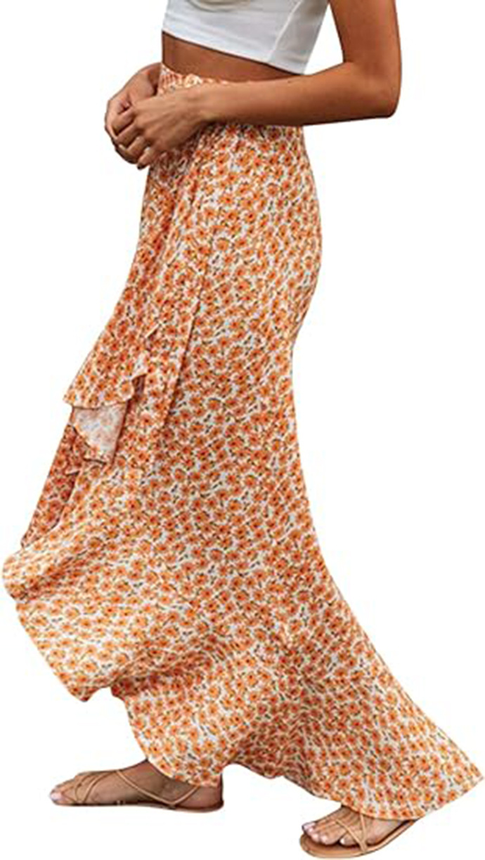 BerryGo Women's Boho Floral Wrap Maxi Skirt High Waisted Long Skirt with Slit blue L