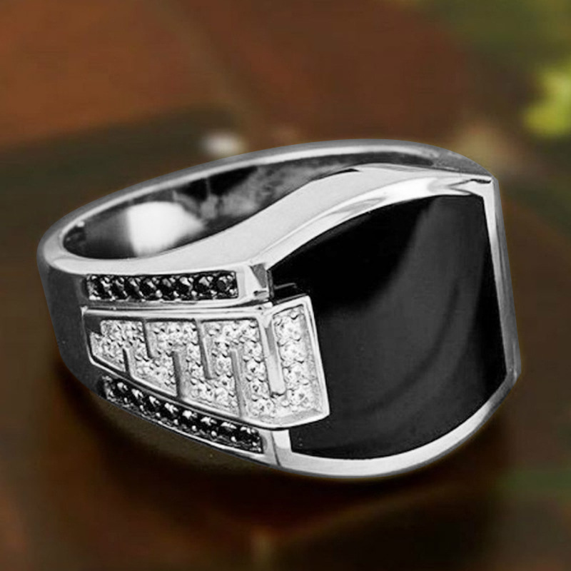 Sanjie Cross border Hot selling Jewelry Freemason Totem Gold Wide Face Set Black Diamond Men's Ring New European and American Fashion golden Number 6