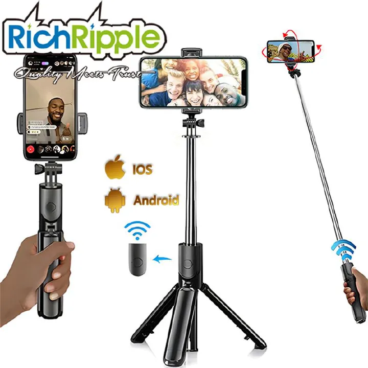 3 in 1 Integrated Monopod Tripod for Phone Portable be Folded Mini Selfie Stick Gimbal SLR Tripod Suitable Various Types of Phone Black No light as picture