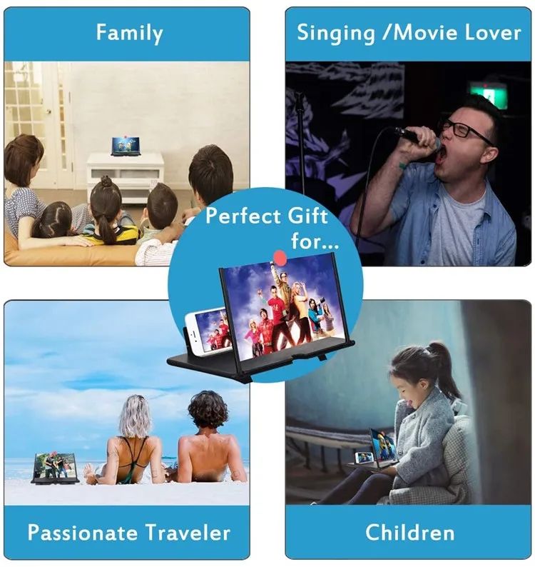 12inch Mobile Phone Curved Screen Amplifier HD 3D Video Mobile Phone Magnifying Glass Stand Bracket Phone Foldable Holder Black 12 inch