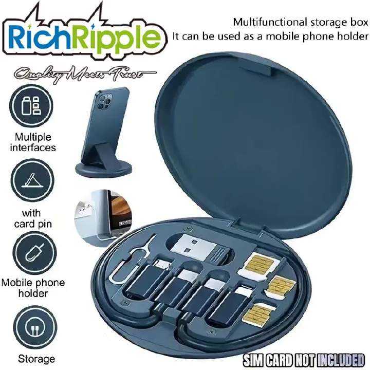 RichRipple 60W 5 In 1 Multi-Functional Fast Charging Box Portable USB Type-C lightning Data Cable Storage Hidden phone stand, SIM card storage