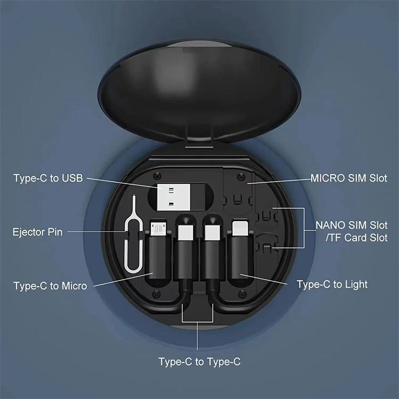 RichRipple 60W 5 In 1 Multi-Functional Fast Charging Box Portable USB Type-C lightning Data Cable Storage Hidden phone stand, SIM card storage