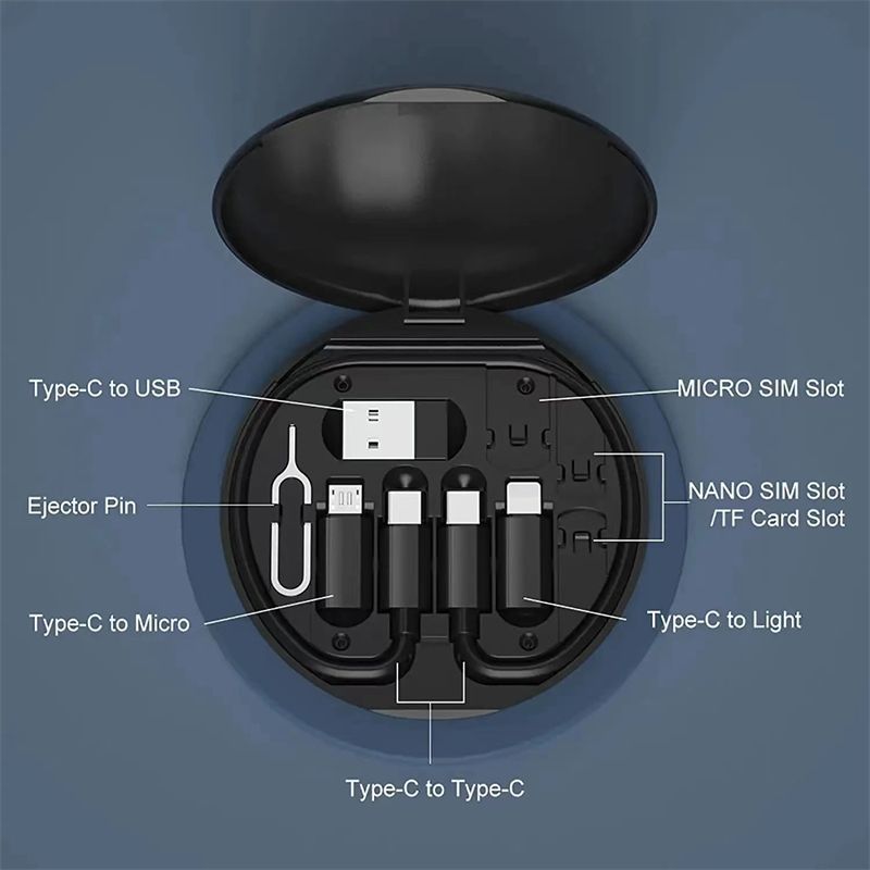 RichRipple 60W 5 In 1 Multi-Functional Fast Charging Box Portable USB Type-C lightning Data Cable Storage Hidden phone stand, SIM card storage