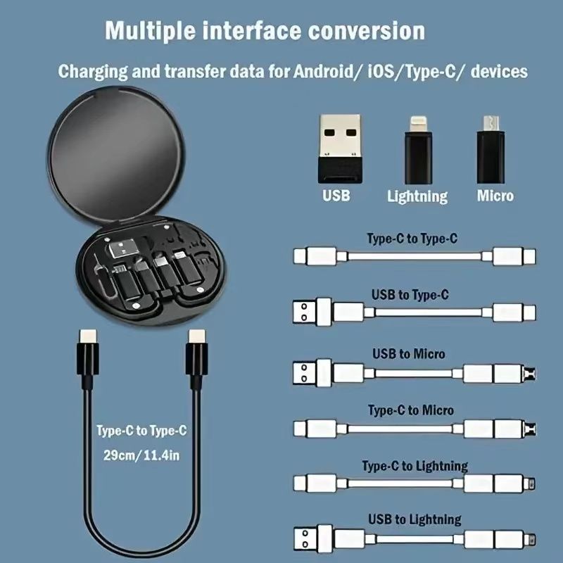 RichRipple 60W 5 In 1 Multi-Functional Fast Charging Box Portable USB Type-C lightning Data Cable Storage Hidden phone stand, SIM card storage