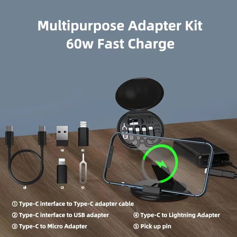 RichRipple 60W 5 In 1 Multi-Functional Fast Charging Box Portable USB Type-C lightning Data Cable Storage Hidden phone stand, SIM card storage