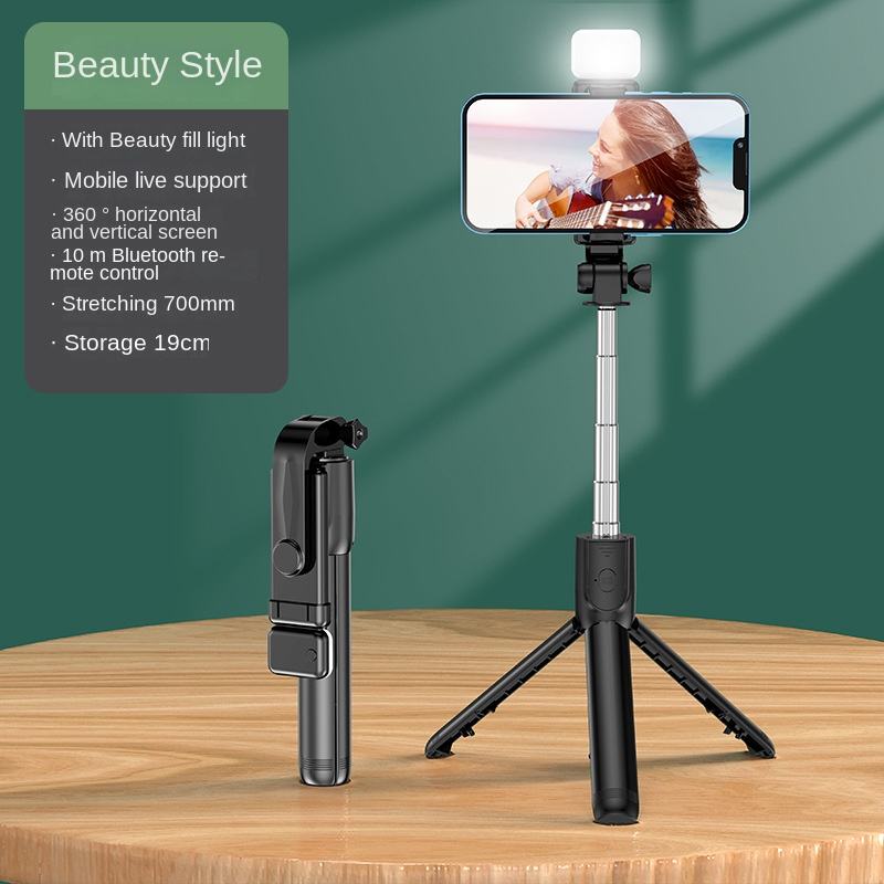 Bluetooth selfie stick 3in1 phones tripod stand fill light telescopic selfie stick wireless remote control tripod Bluetooth live streaming mobile phone stands Black With fill light