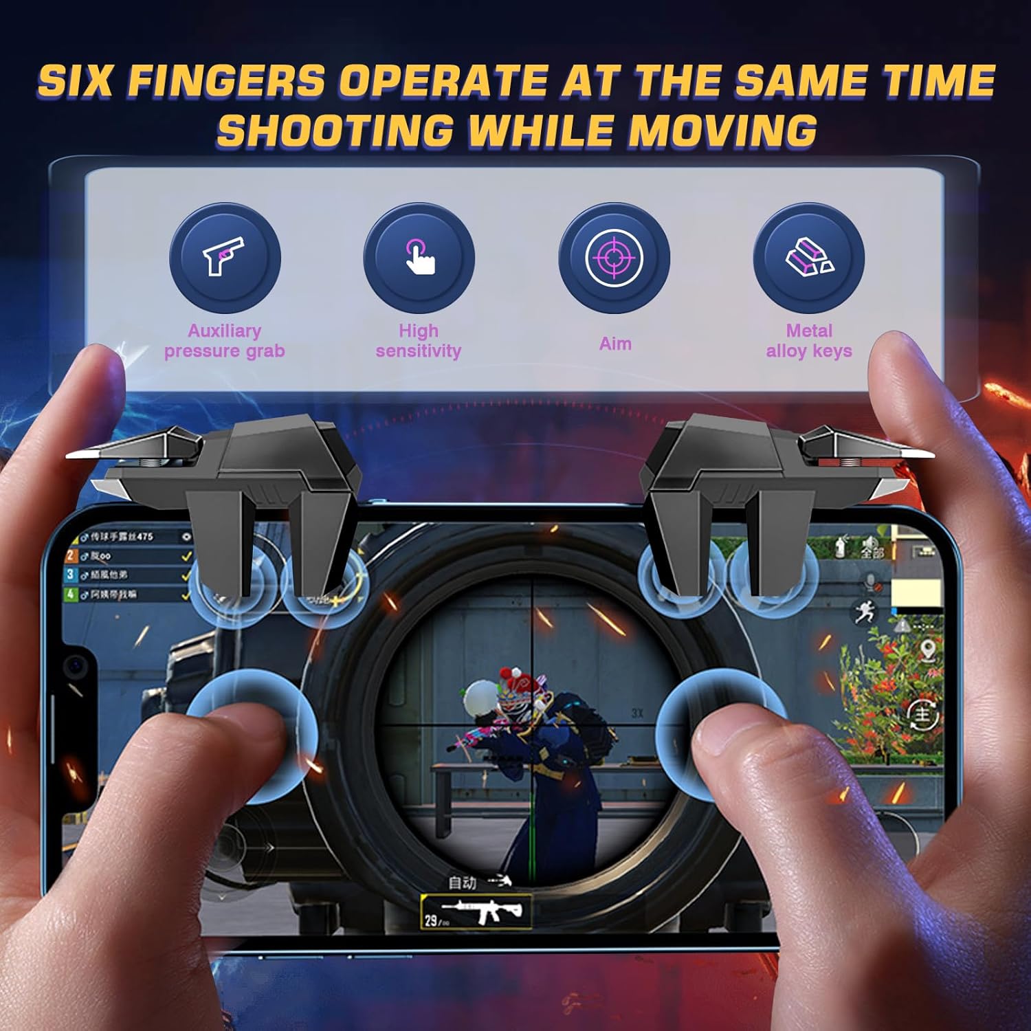Mobile Game Triggers for iPhone/Android, Shooting Sensitive Controllers, Joystick Aiming & Shooting Triggers, for PUBG, COD, Fortnite, Zero Lag, 6 Finger Gamepads - High Sensitivity.
