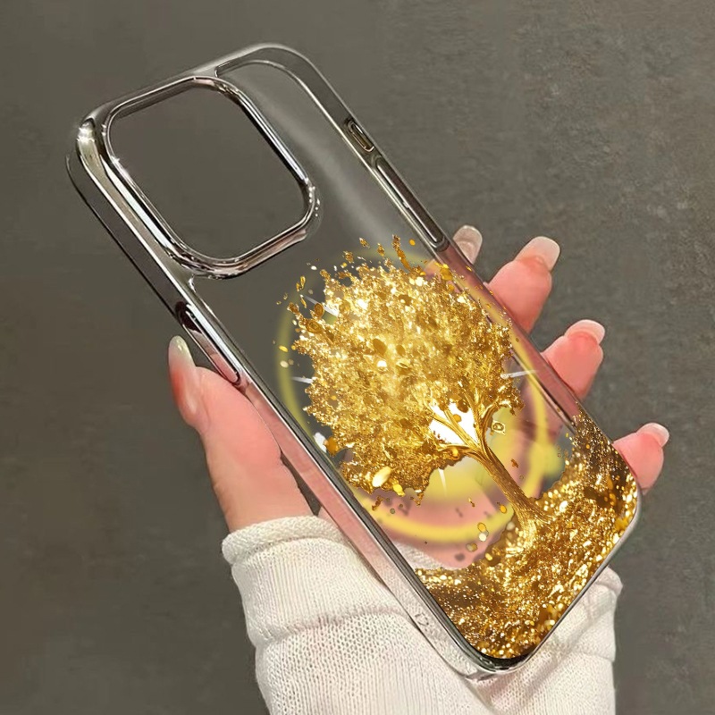 A golden tree patterned phone case designed to protect the phone from falling off Golden Iphone16