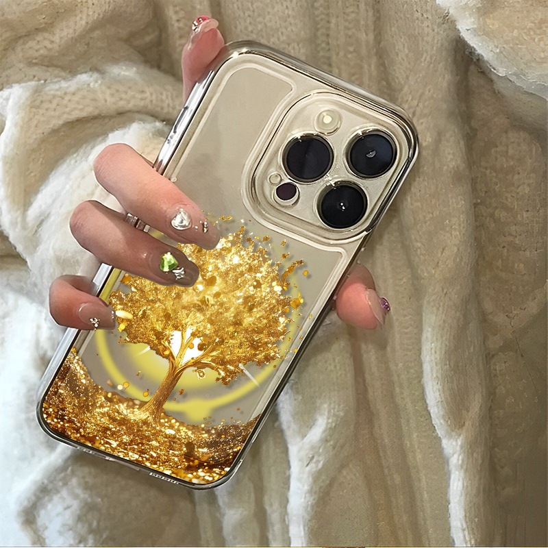 A golden tree patterned phone case designed to protect the phone from falling off Golden Iphone16