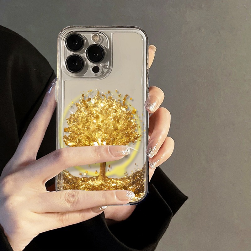 A golden tree patterned phone case designed to protect the phone from falling off Golden Iphone16