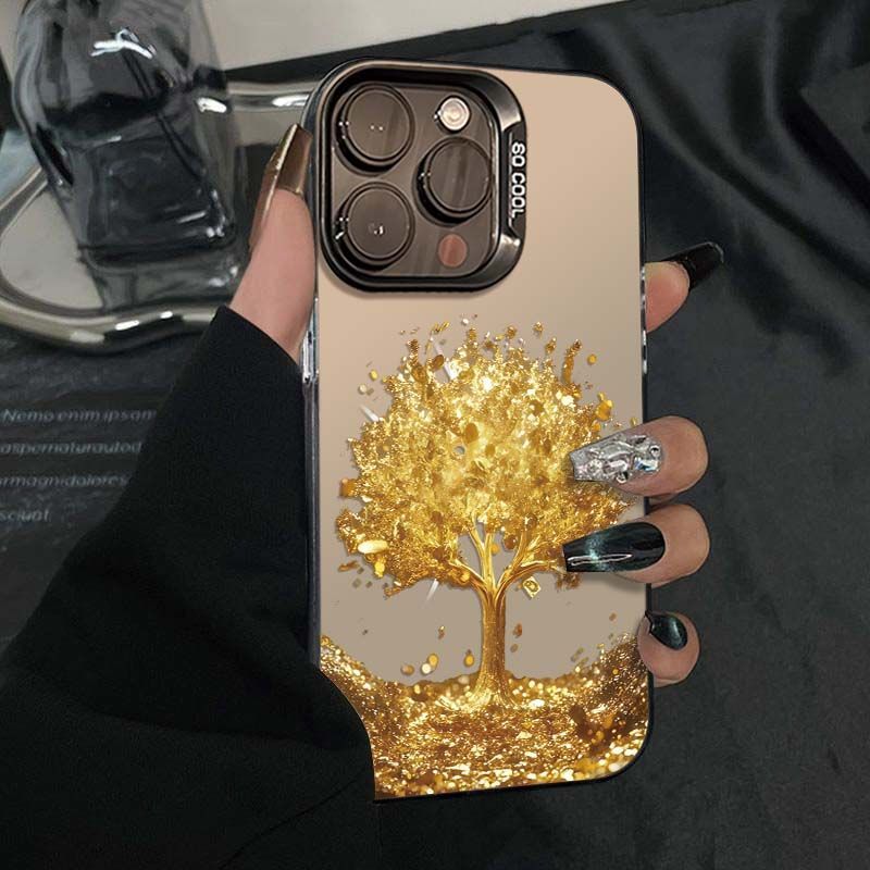 A golden tree patterned phone case designed to protect the phone from falling off Golden Iphone16